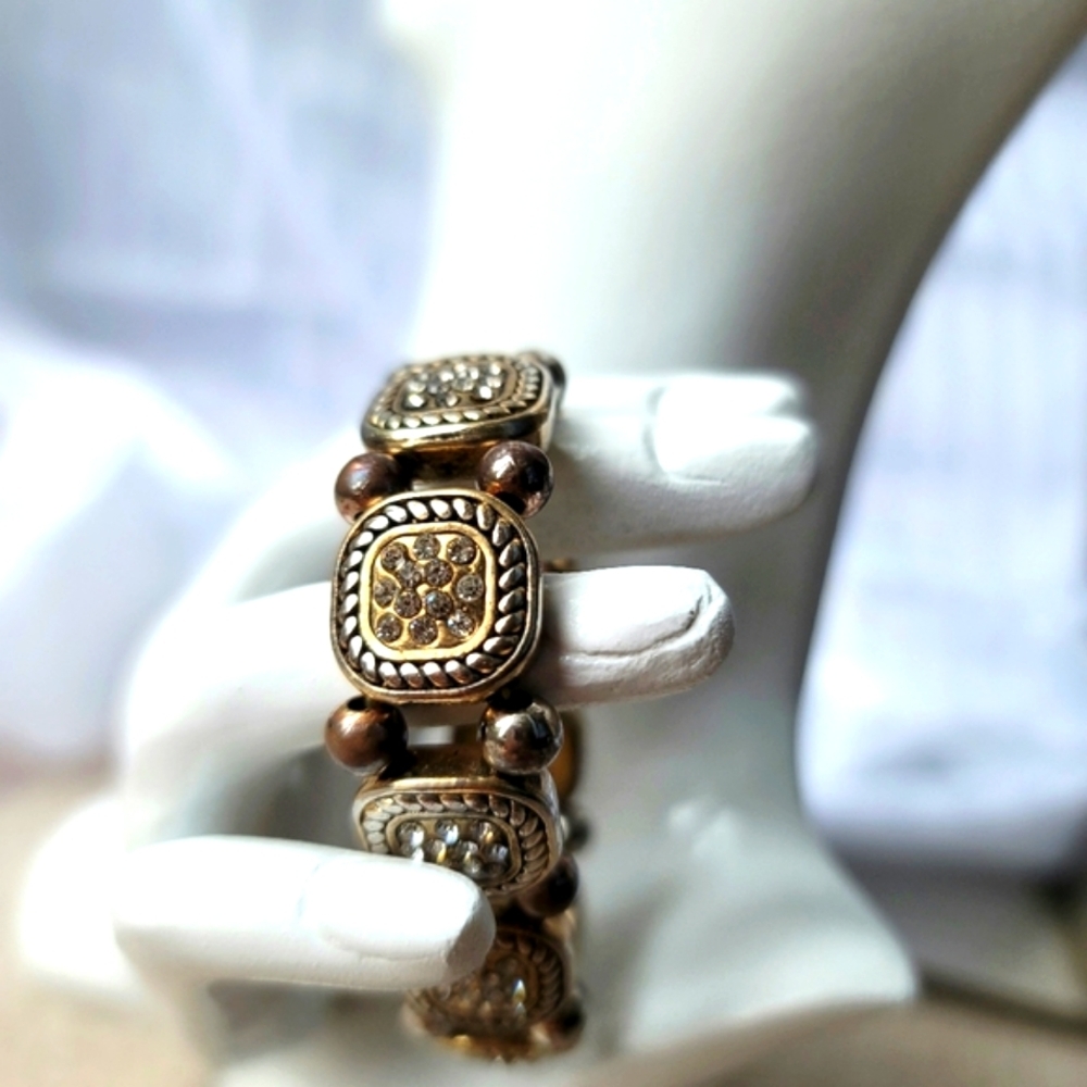 Vintage Gold-Toned Metal Button and Crystal Expandable Bracelet